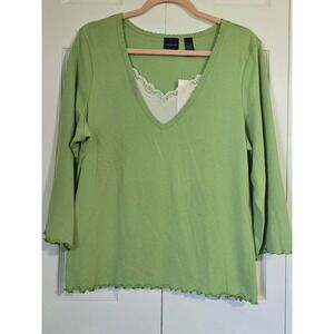 Westbound Lime Green Lace Trim V-Neck Top Lettuce Edge Long Sleeve XL NEW